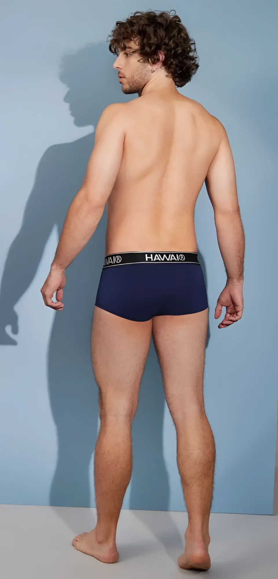 Navy blue hawai 41961 microfiber briefs with black elastic waistband featuring white hawai lettering