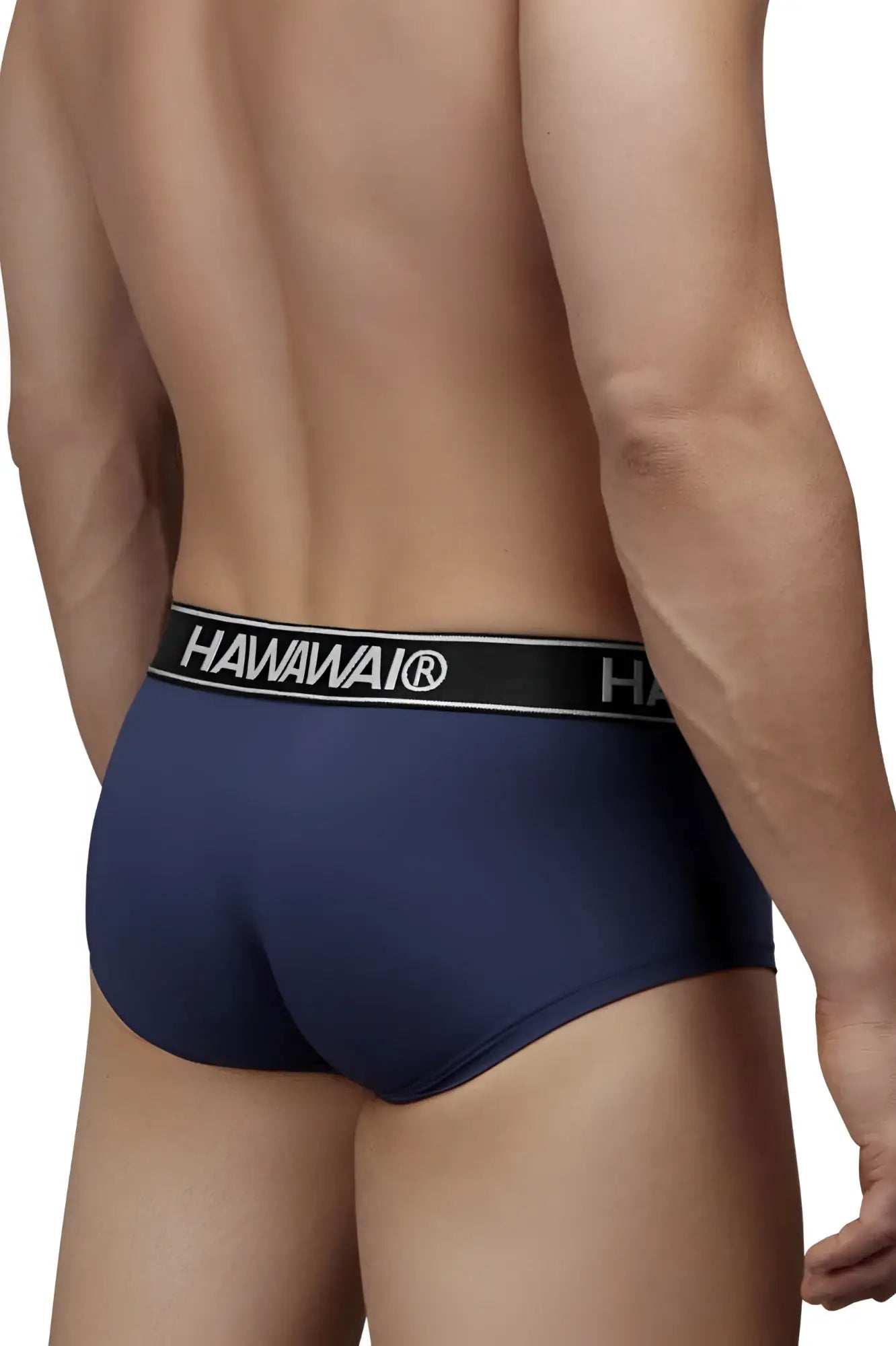 Navy blue hawaiian microfiber briefs with a black waistband featuring white hawaiian lettering and logo