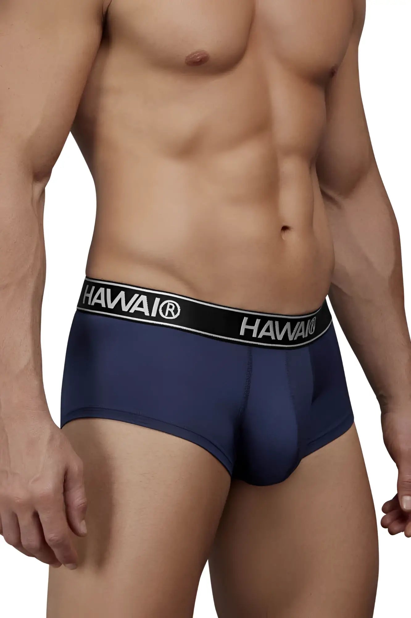 Navy blue Hawai 41961 microfiber men’s briefs with a black waistband featuring white brand name lettering