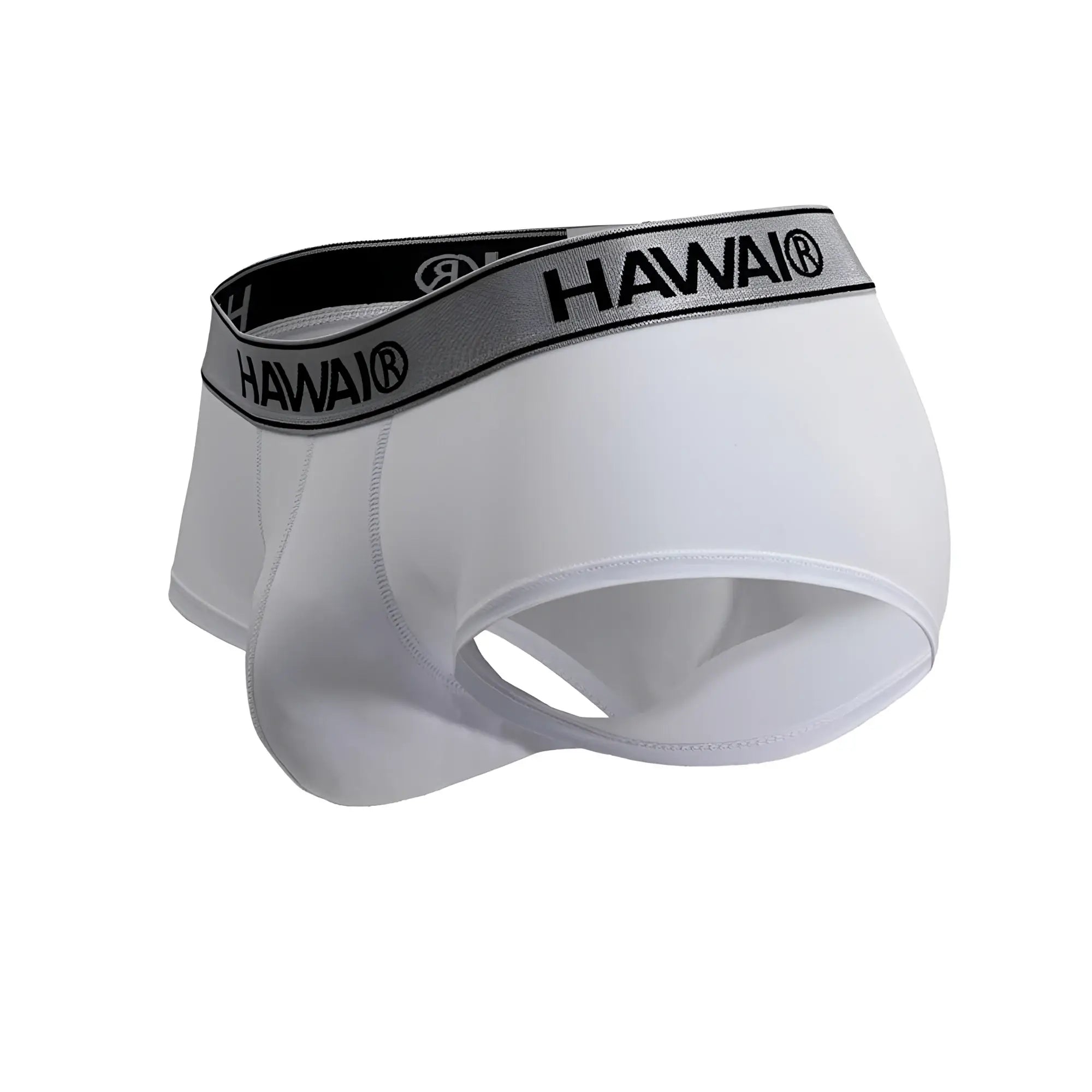 White hawai microfiber briefs in white with black and gray elastic waistband featuring the logo