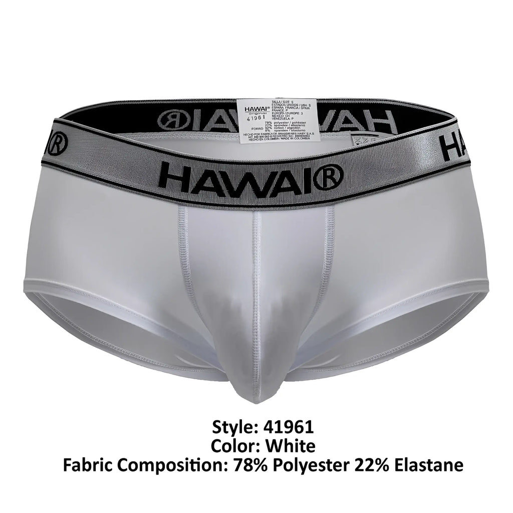 White Hawai 41961 microfiber men’s briefs with silver elastic waistband featuring black lettering and logo