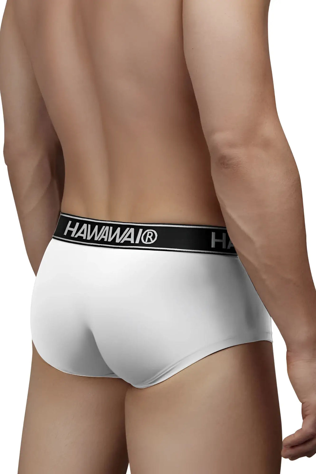 White hawaiian microfiber briefs with black elastic waistband featuring white brand name lettering color white