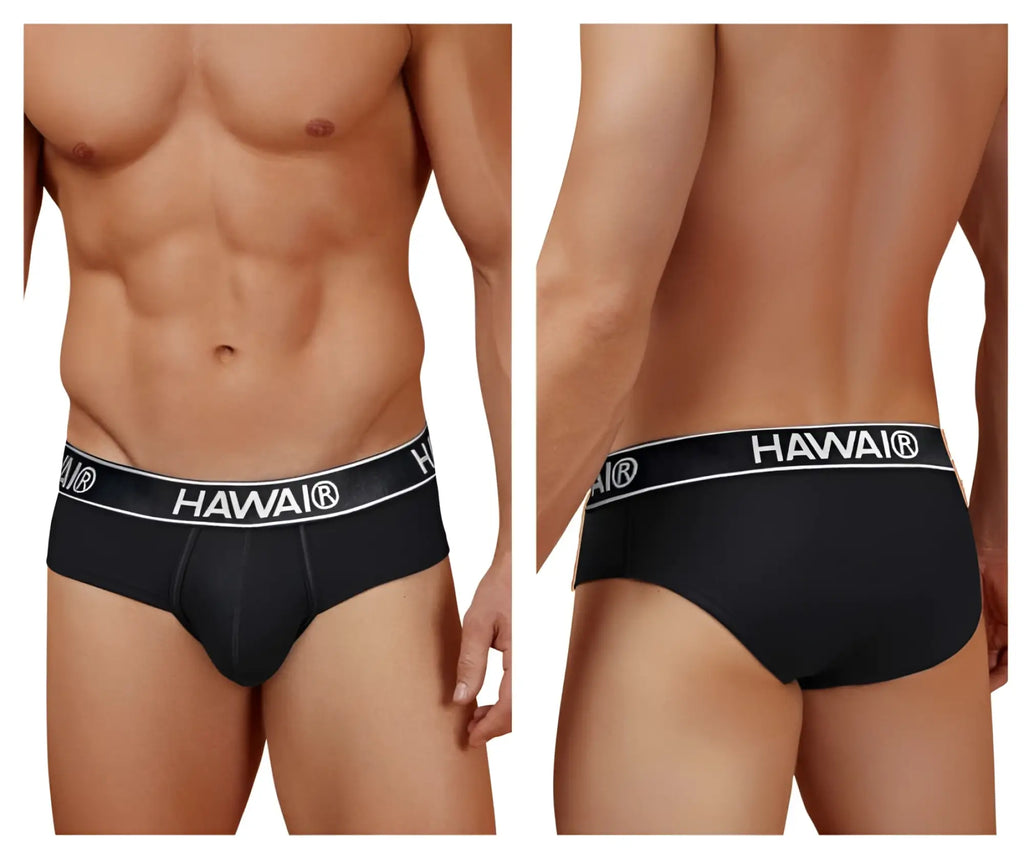 Black hawai briefs in black cotton blend with white elastic waistband featuring the logo for everyday comfort