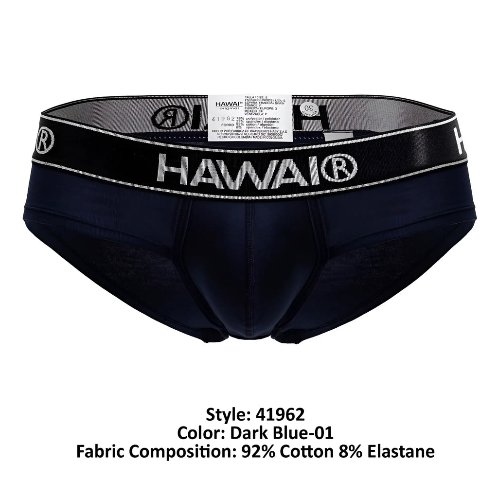 Dark blue Hawai 41962 men’s cotton blend briefs with black waistband featuring white lettering and logo
