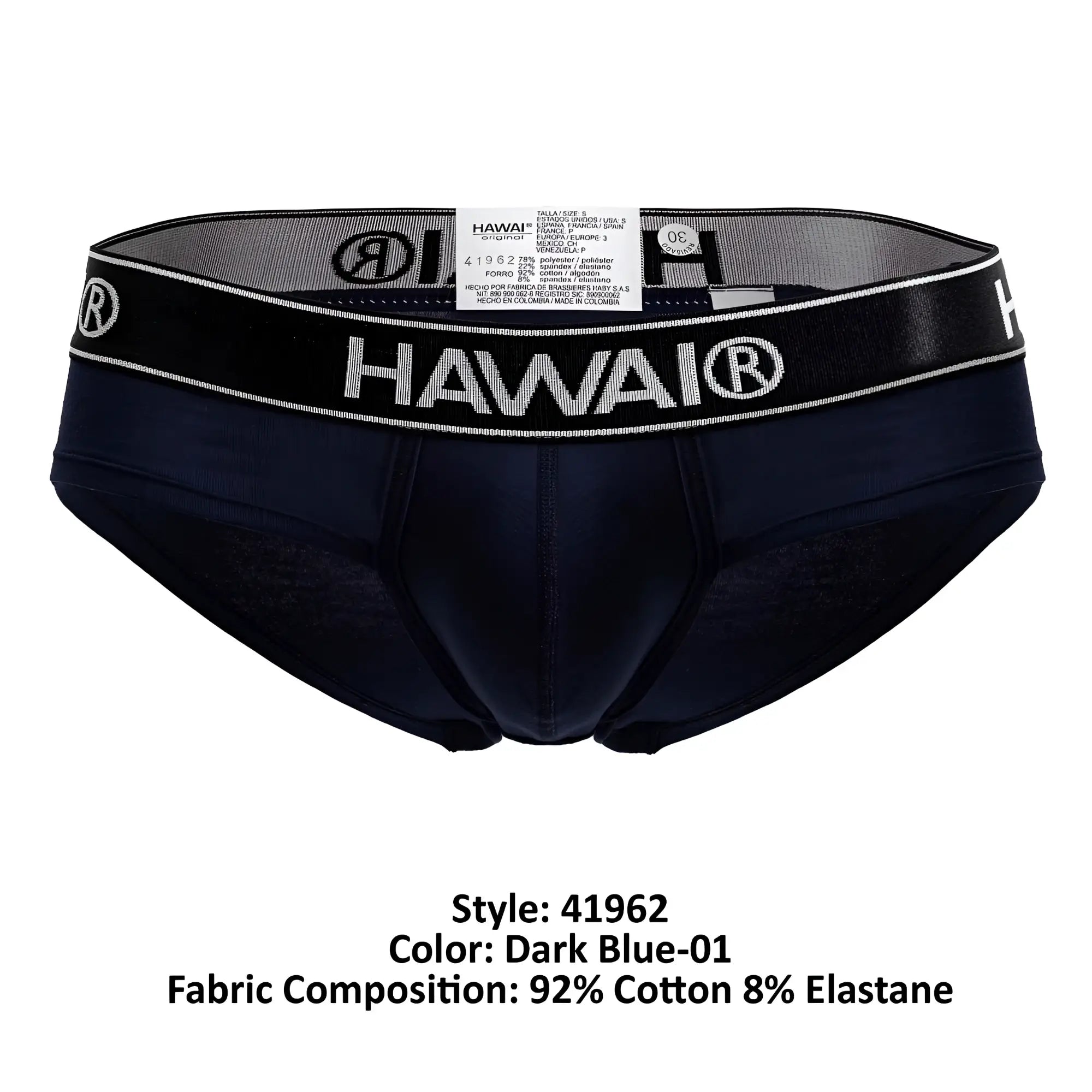 Dark blue Hawai 41962 men’s cotton blend briefs with black waistband featuring white lettering and logo