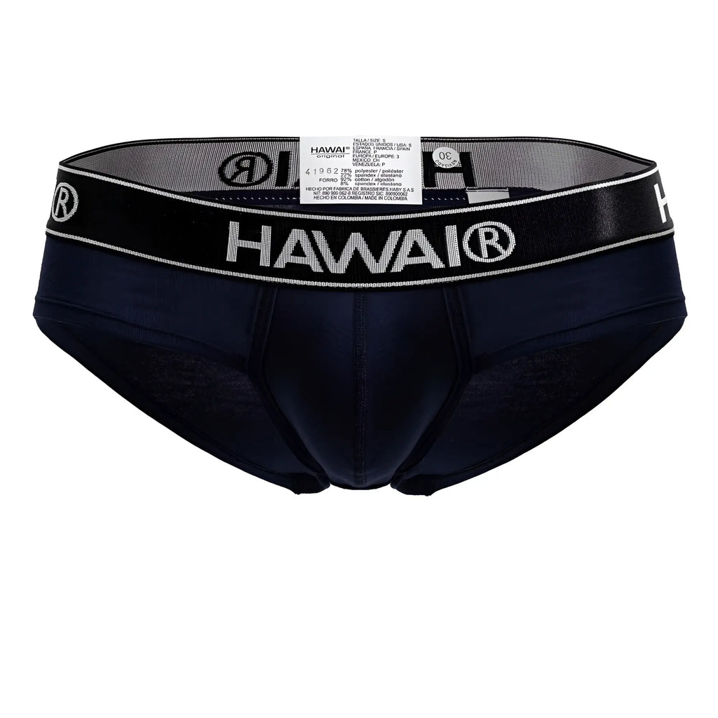 Navy blue Hawai 41962 cotton blend briefs with black elastic waistband featuring white lettering and logo details