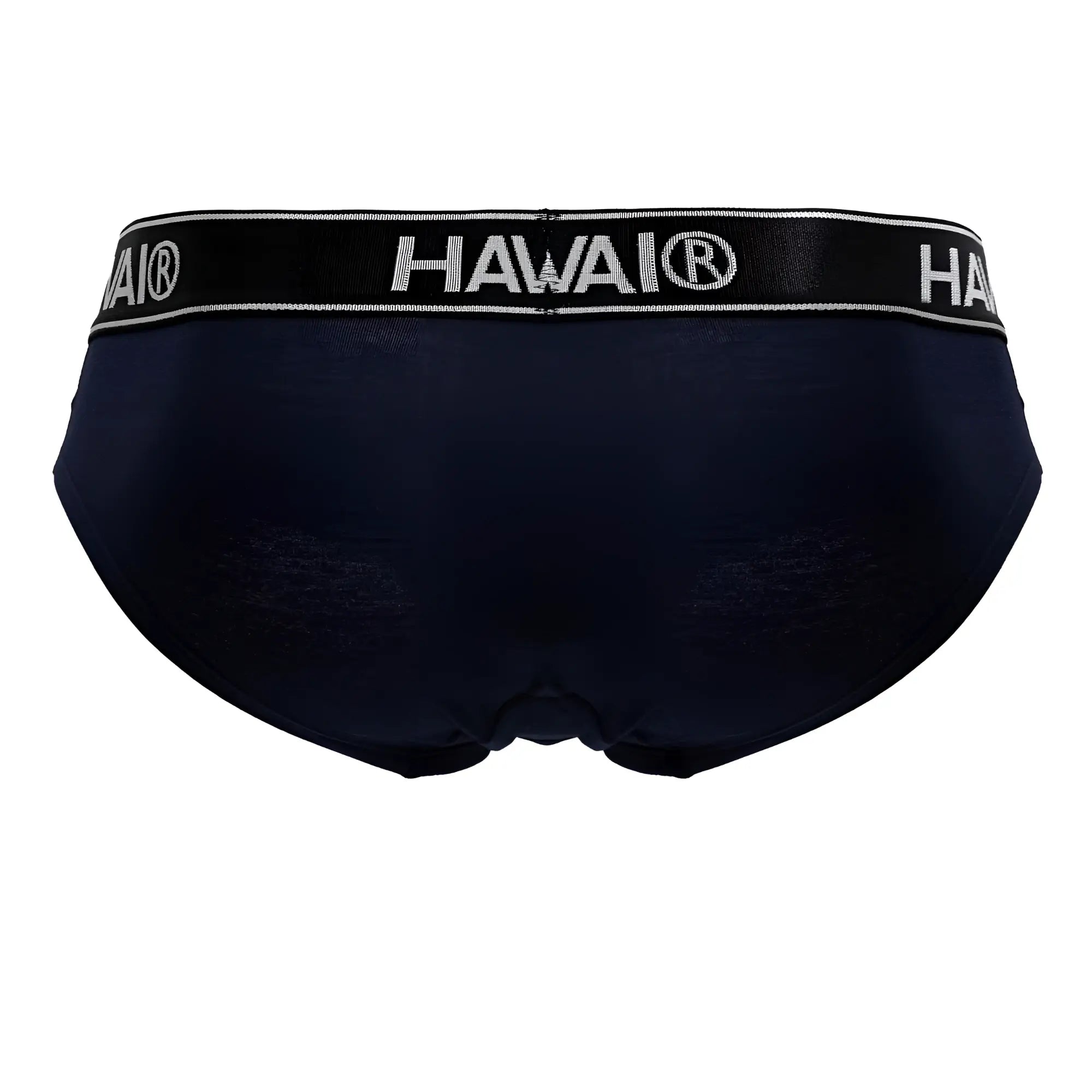 Navy blue Hawai branded cotton blend briefs with a black elastic waistband featuring white lettering front view