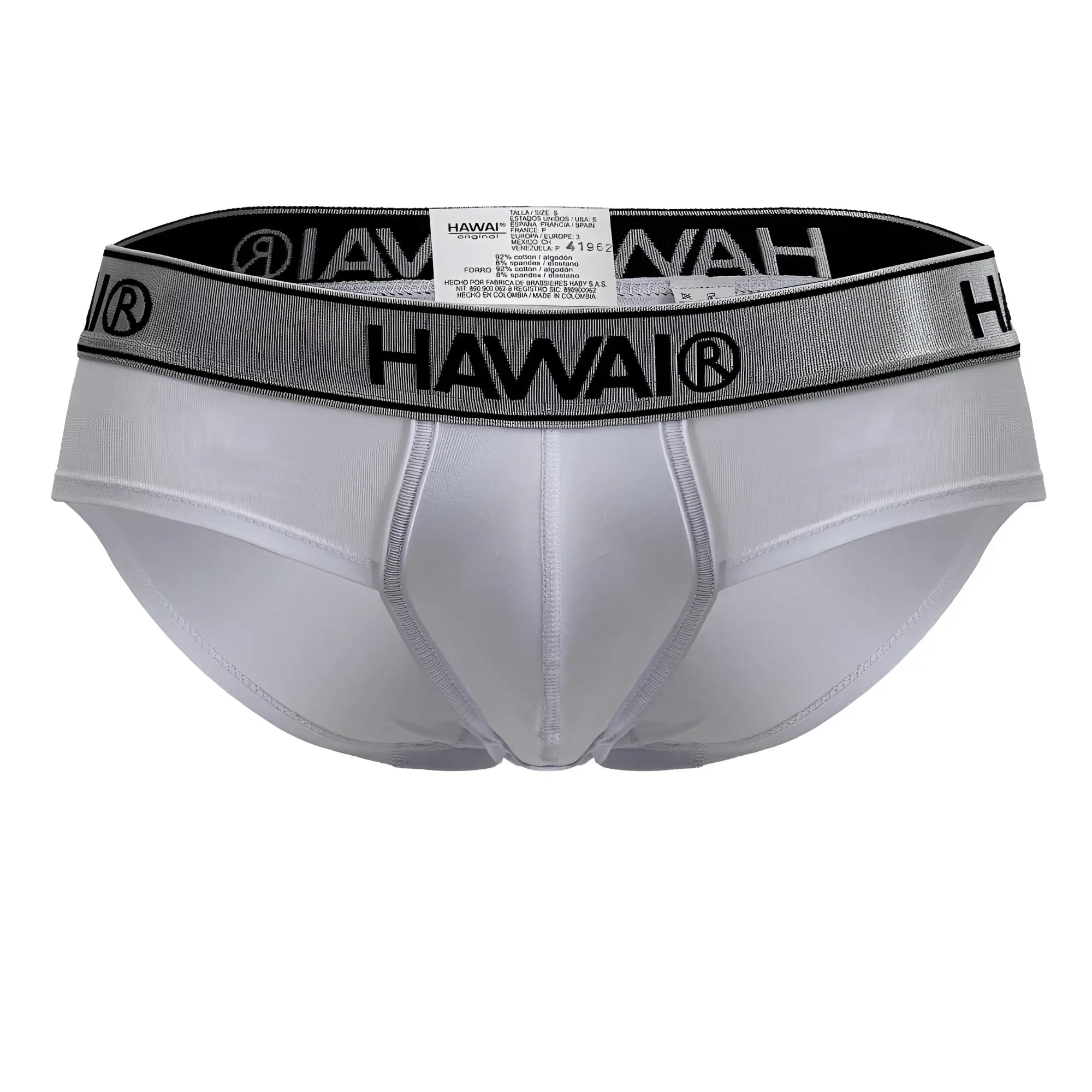 White hawai brand cotton blend briefs in white with silver and black elastic waistband front view