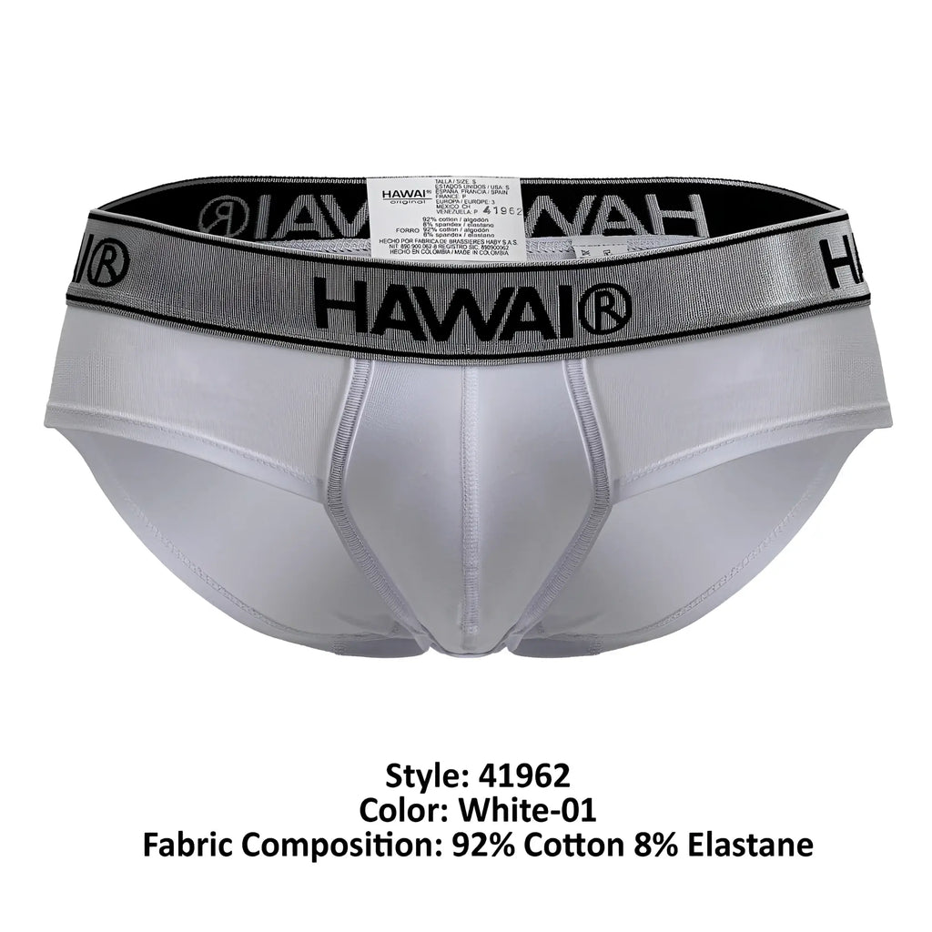 White hawai 41962 cotton blend men’s briefs with silver and black elastic waistband featuring brand logo