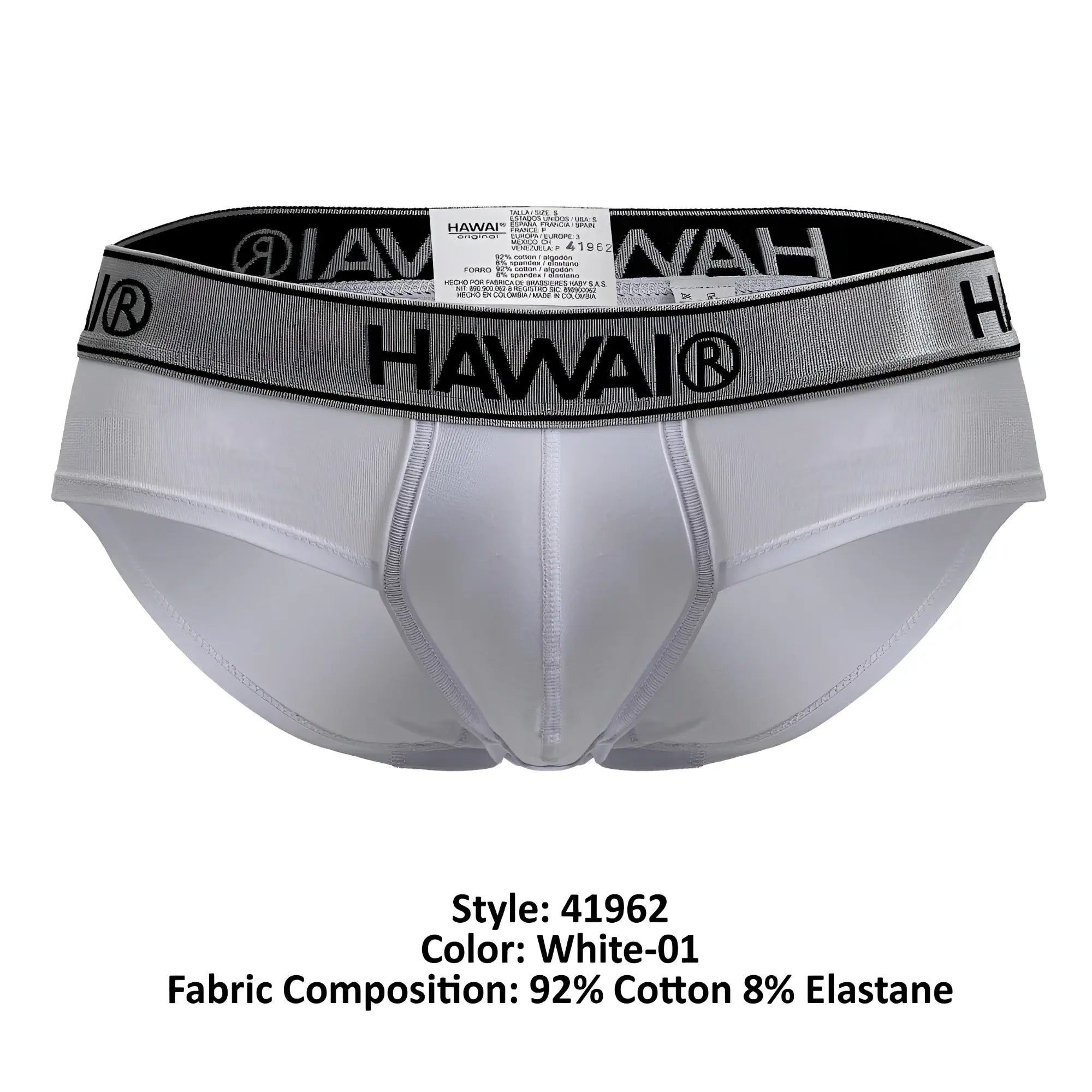 White hawai 41962 cotton blend men’s briefs with silver and black elastic waistband featuring brand logo