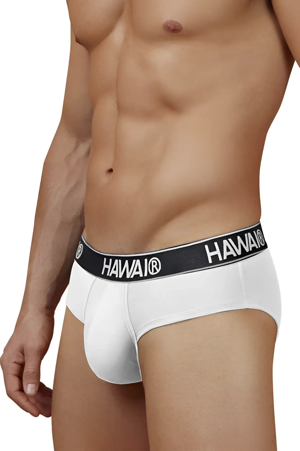 White hawaii brand cotton blend briefs with a black waistband featuring white lettering in color white-01