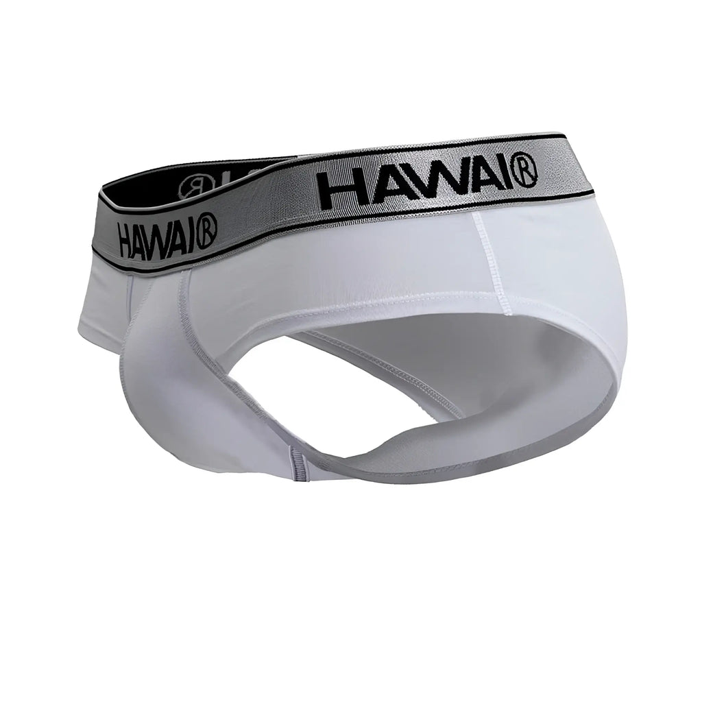 White hawaii brand cotton blend briefs with gray waistband and black lettering in white color for everyday wear