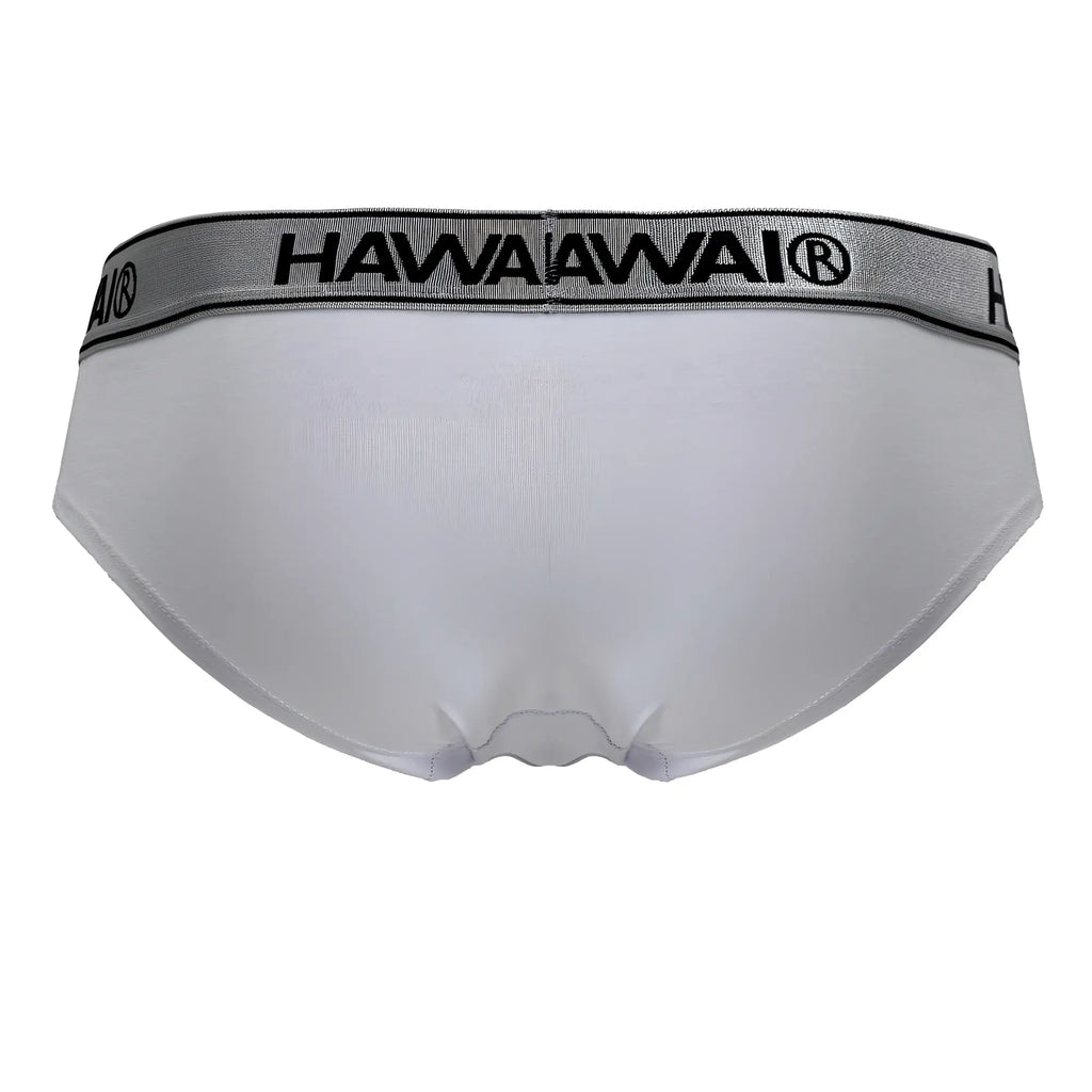White Hawaiwai cotton blend briefs with gray elastic waistband and black lettering in color white-01