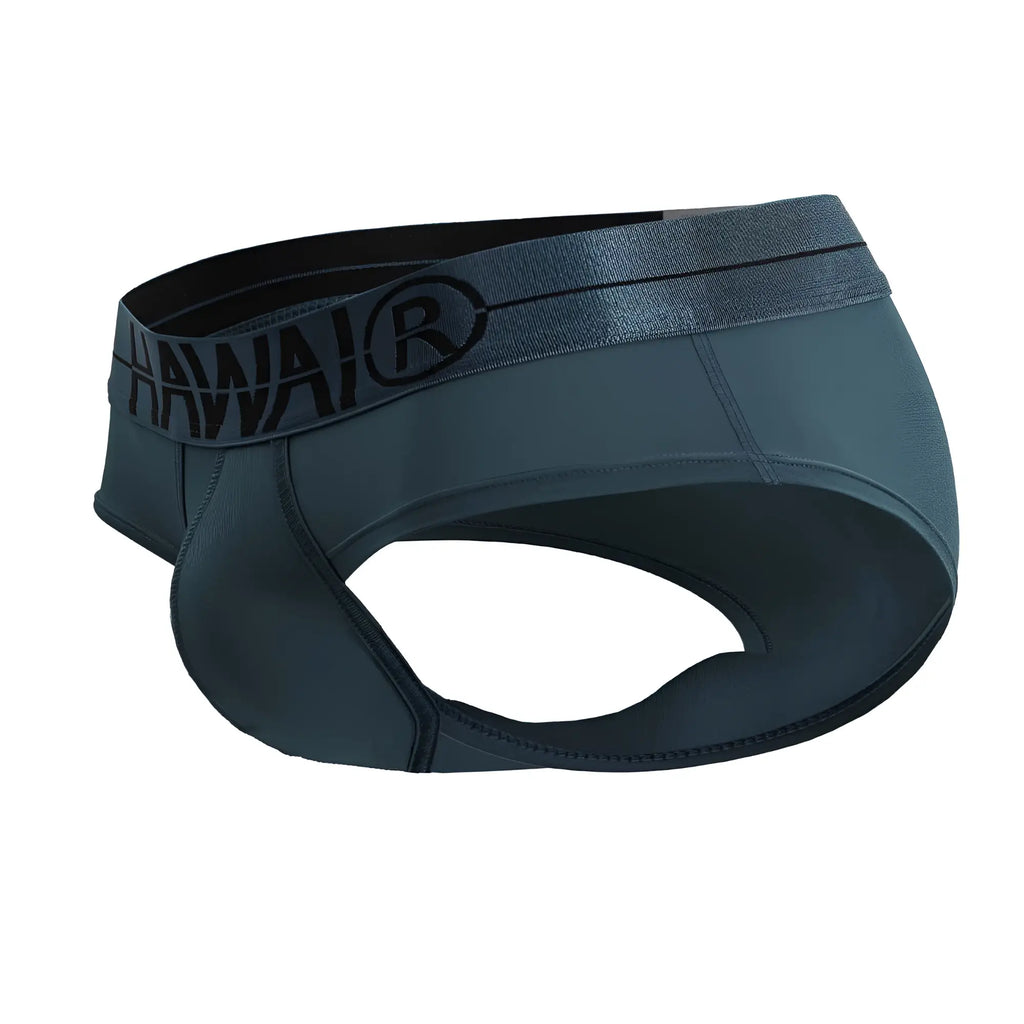 Dark gray hawai brand men’s microfiber briefs with a black elastic waistband featuring the logo in green color