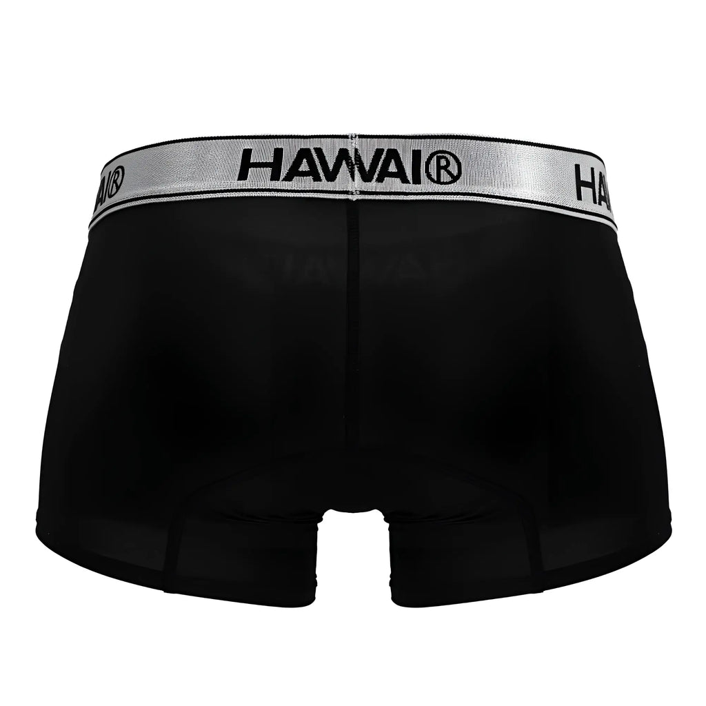 Black Hawai microfiber boxer briefs in black with a silver waistband and bold black lettering visible from the front