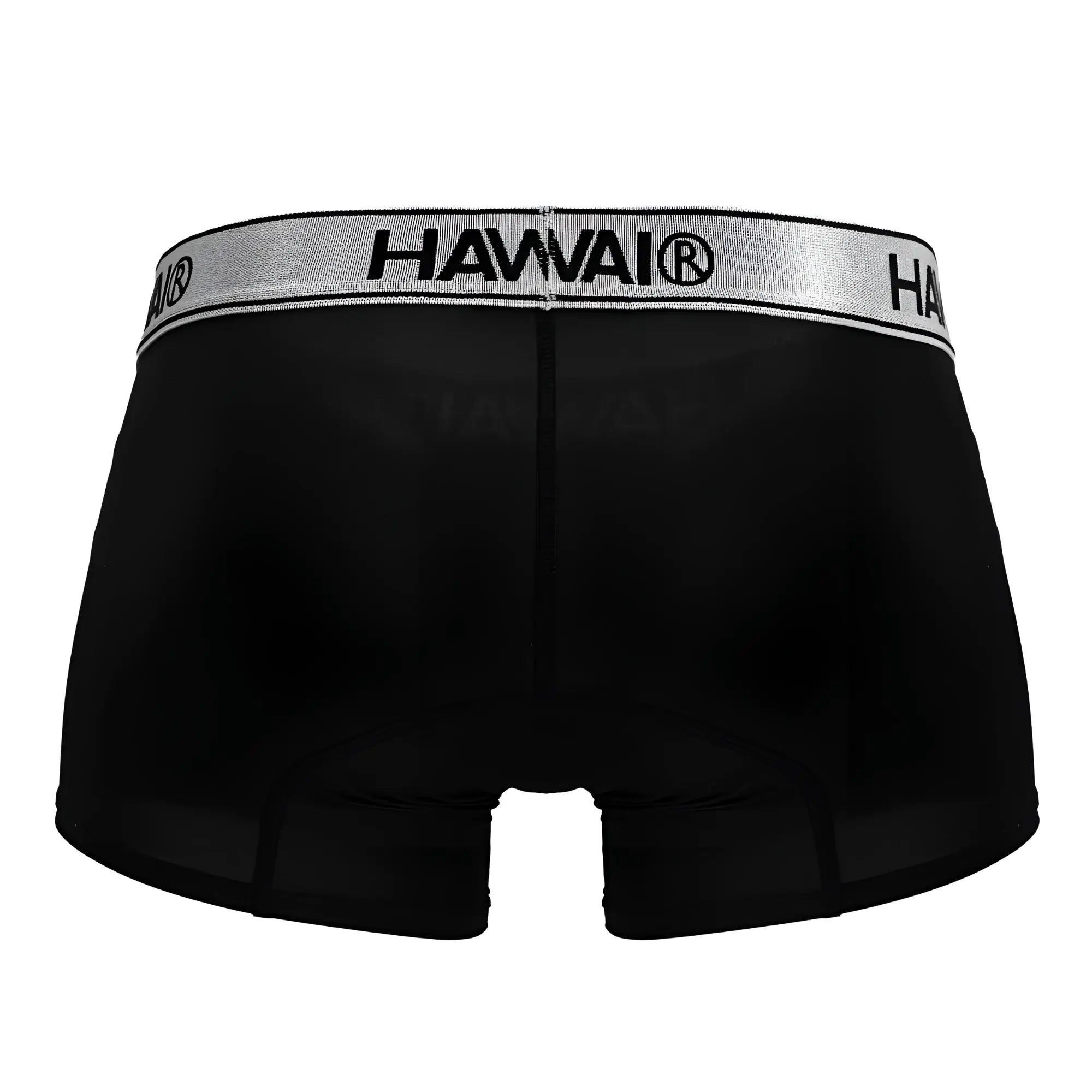 Black Hawai microfiber boxer briefs in black with a silver waistband and bold black lettering visible from the front