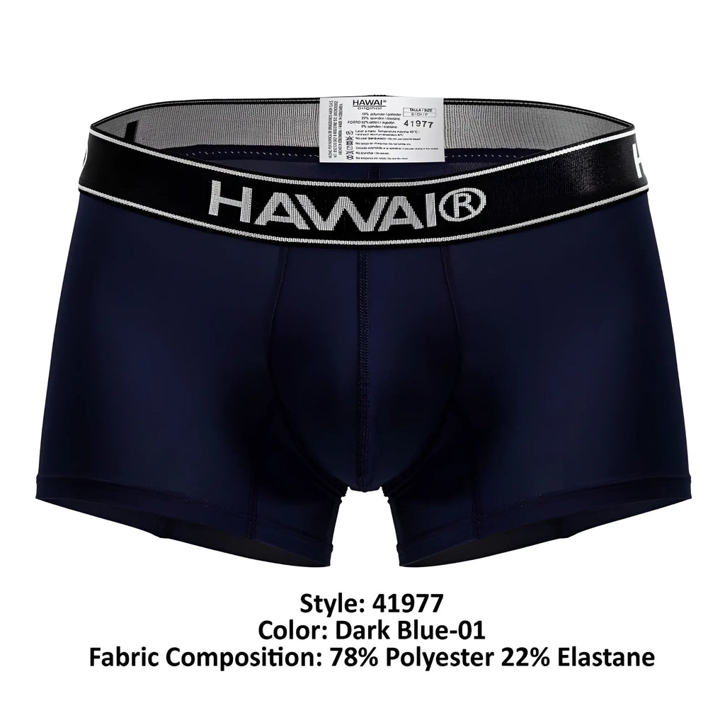 Dark blue hawai 41977 microfiber boxer briefs with black elastic waistband featuring white lettering and trim
