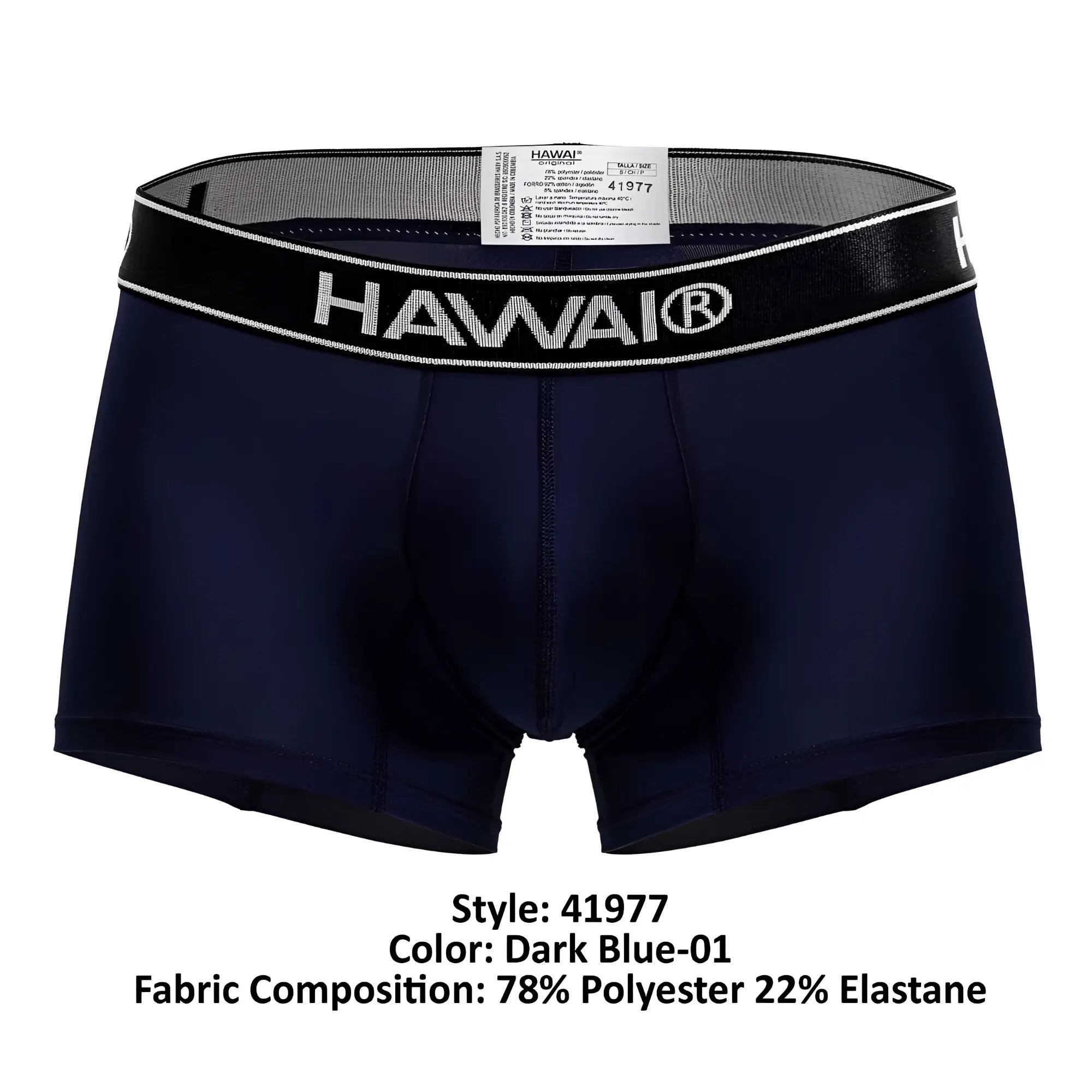 Dark blue hawai 41977 microfiber boxer briefs with black elastic waistband featuring white lettering and trim