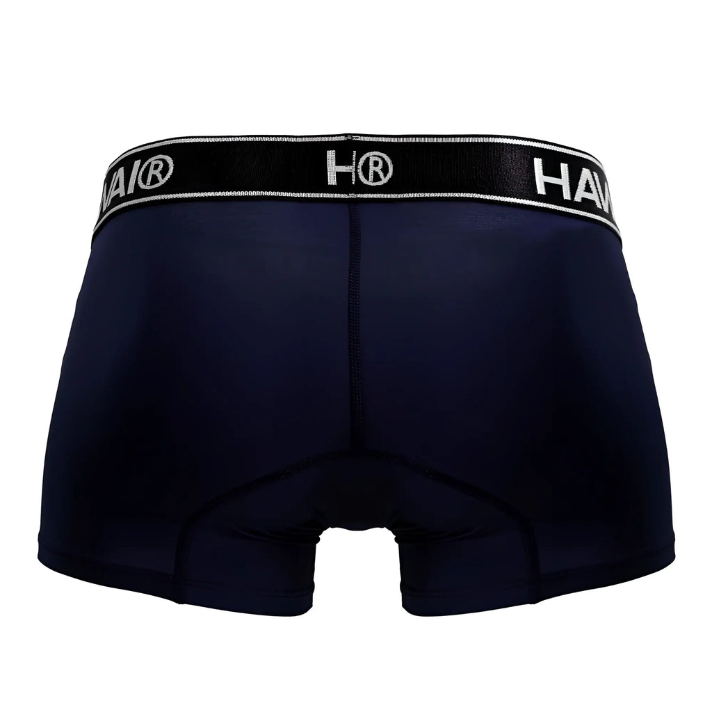 Navy blue hai brand microfiber trunks with black elastic waistband featuring white lettering and logo in dark blue color
