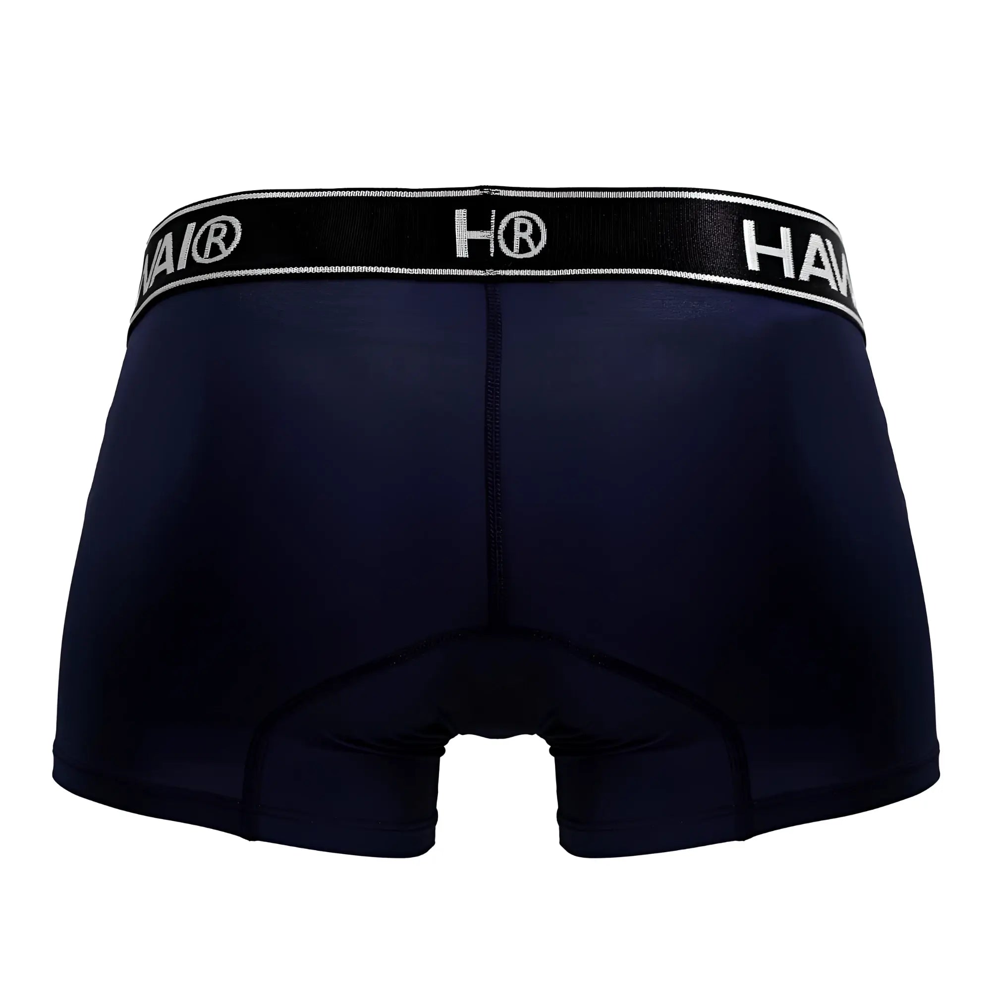 Navy blue hai brand microfiber trunks with black elastic waistband featuring white lettering and logo in dark blue color