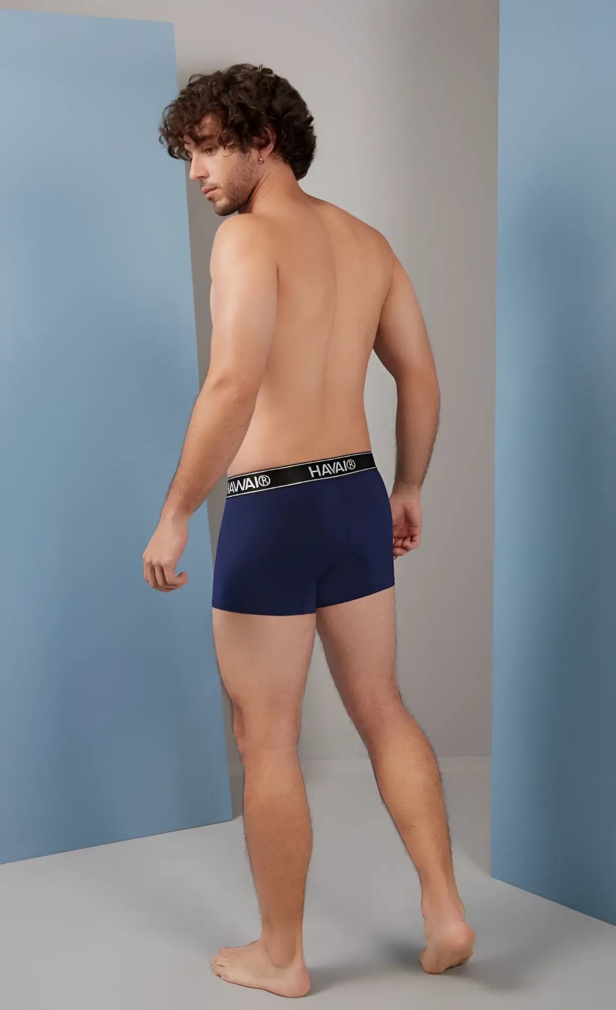 Navy blue havaianas microfiber boxer briefs with black elastic waistband featuring the brand logo front view
