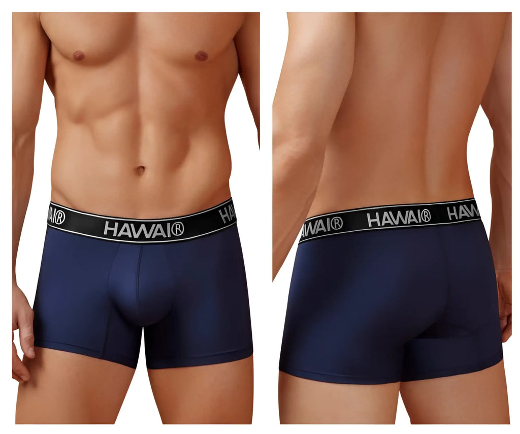 Navy blue Hawai 41977 microfiber men’s briefs with black elastic waistband featuring white lettering front view