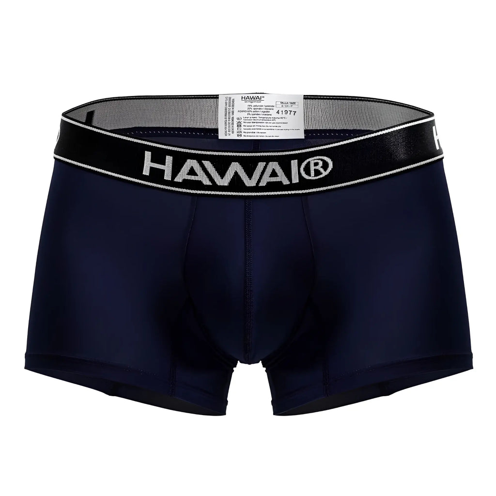 Navy blue hawaii microfiber boxer briefs with black waistband featuring white lettering and trim in dark blue color