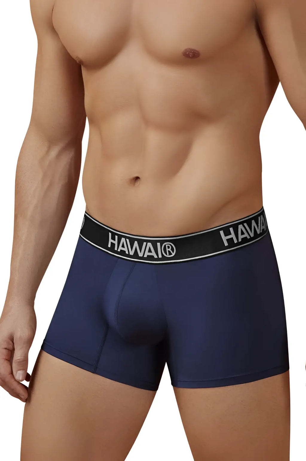 Navy blue hawaiian men’s microfiber boxer briefs with black waistband and white hawaii lettering and logo