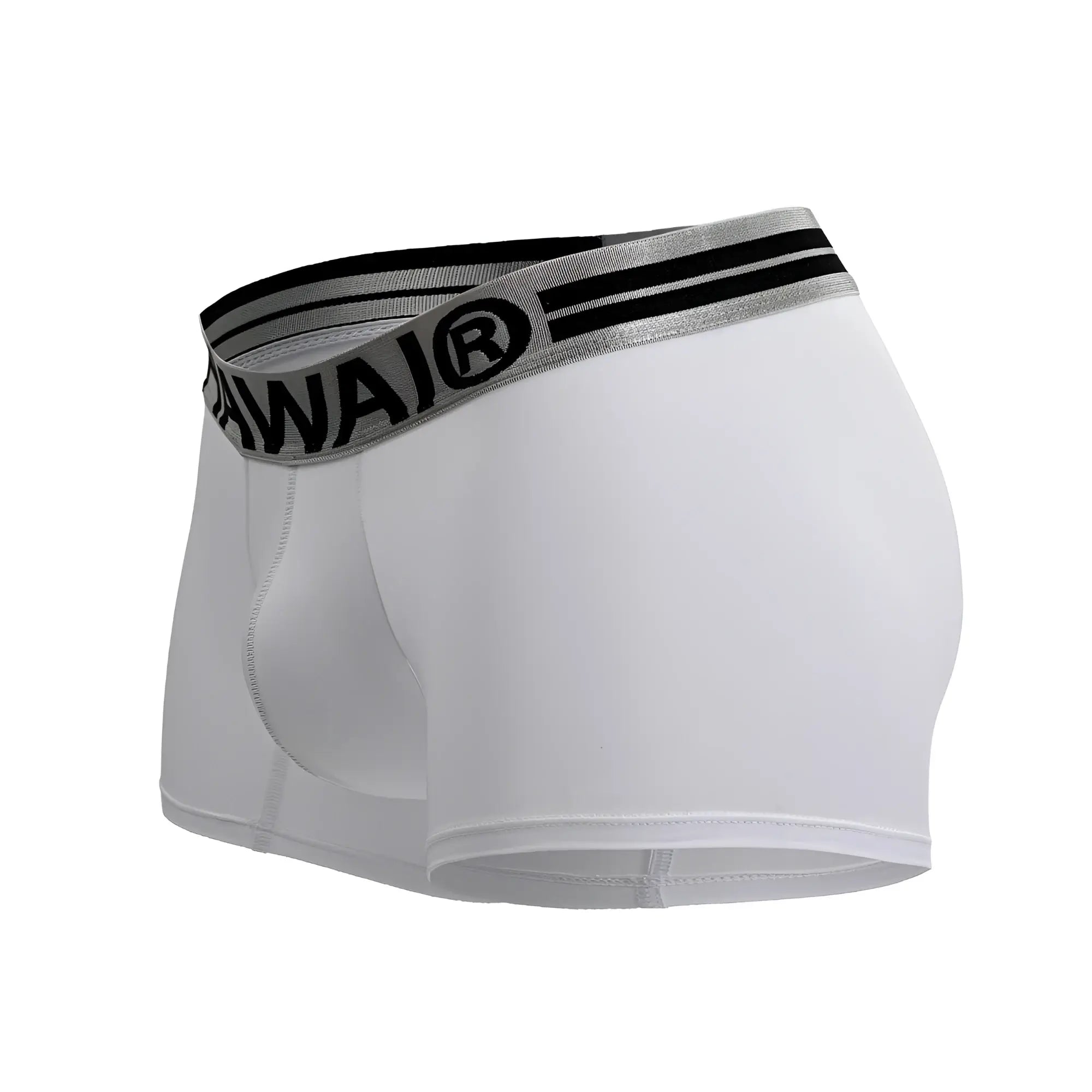 White microfiber boxer briefs with a gray and black elastic waistband featuring the Hawai brand logo