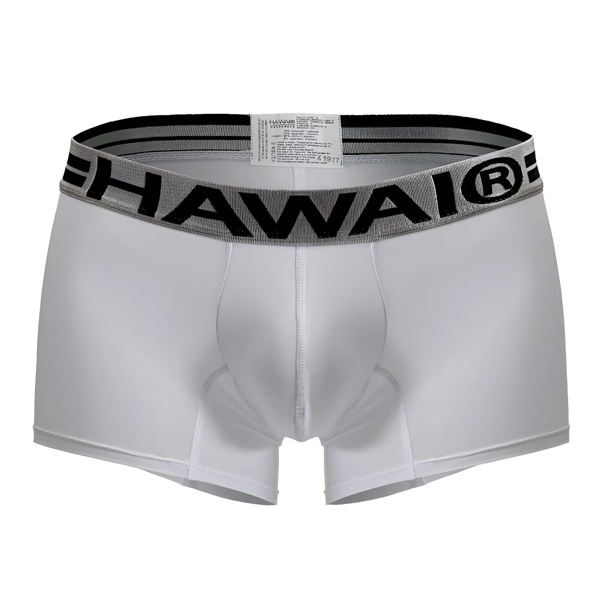 White hawai microfiber trunks in white with a black and gray elastic waistband featuring bold lettering