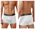 White hawaii microfiber trunks in white with a black waistband featuring white brand name lettering