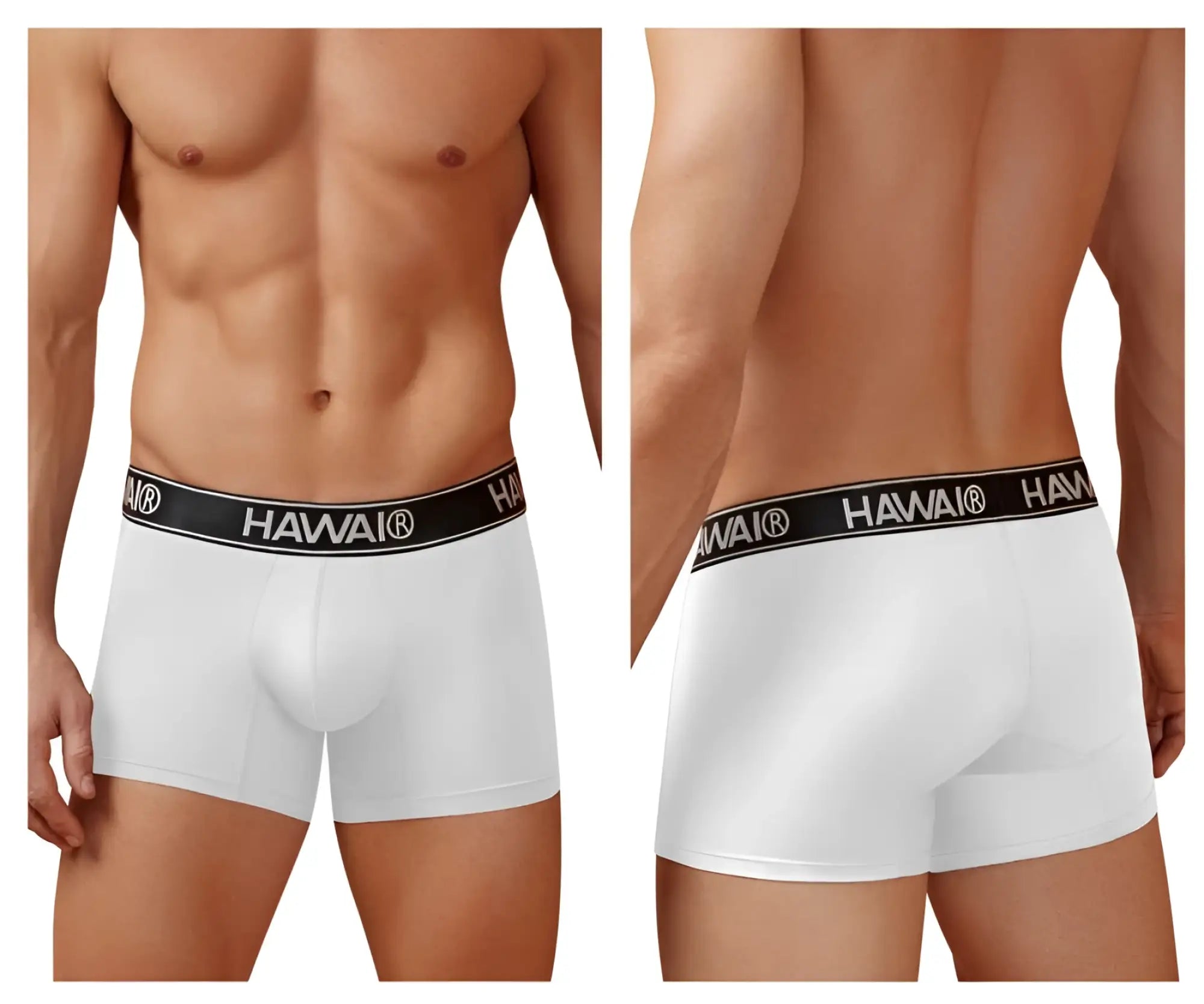 White hawaii microfiber trunks in white with a black waistband featuring white brand name lettering