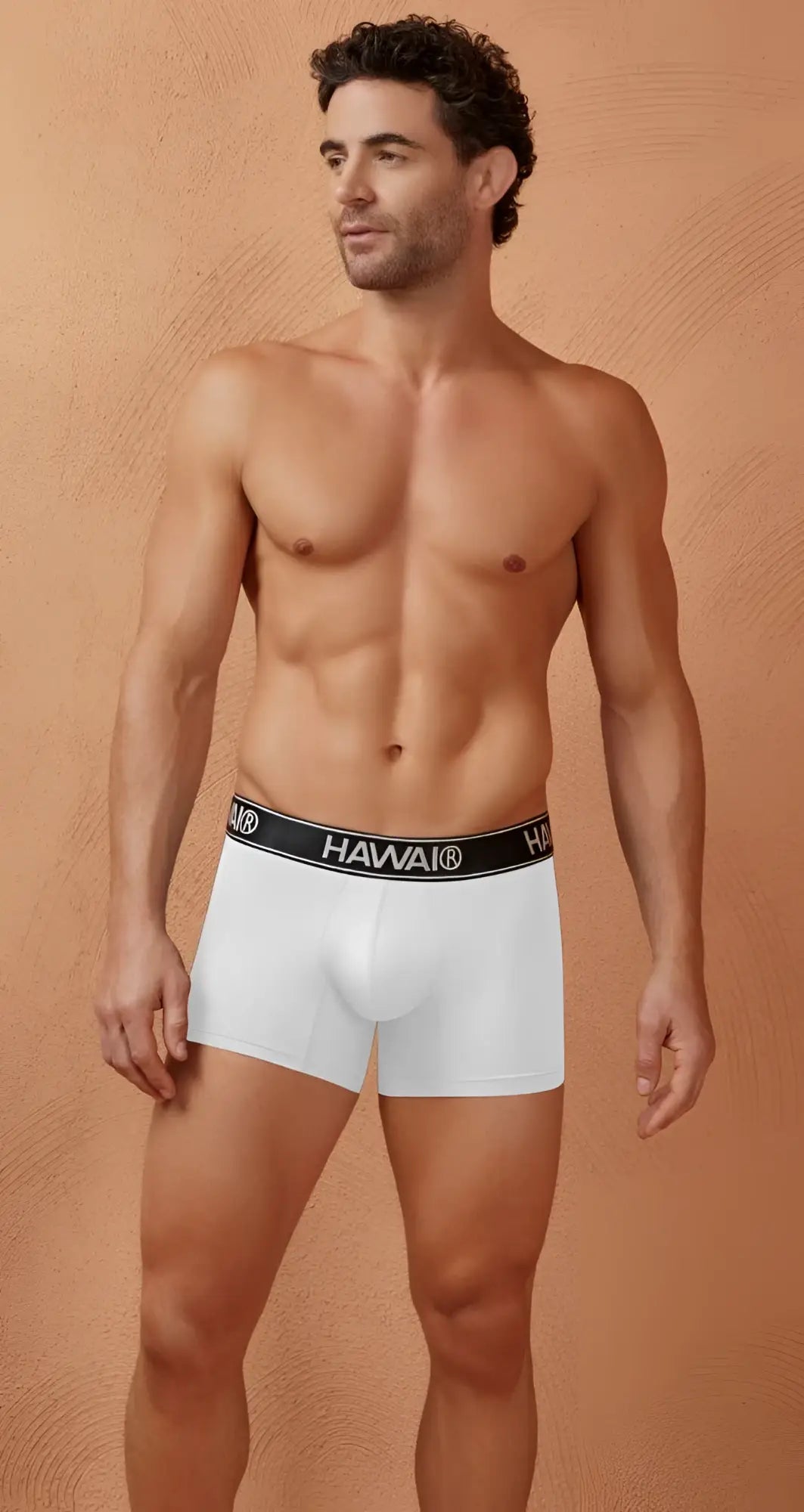 White microfibre hawaii 41977 men’s briefs with black waistband featuring hawaii brand name in white lettering