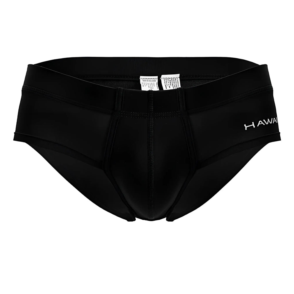 Black hawaiian men’s microfiber briefs in black with smooth fabric and subtle white stitching details