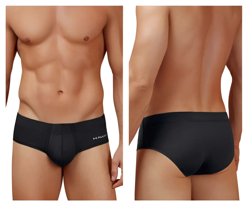 Black men’s microfiber briefs in black with a subtle hawaii logo on the waistband for comfortable wear