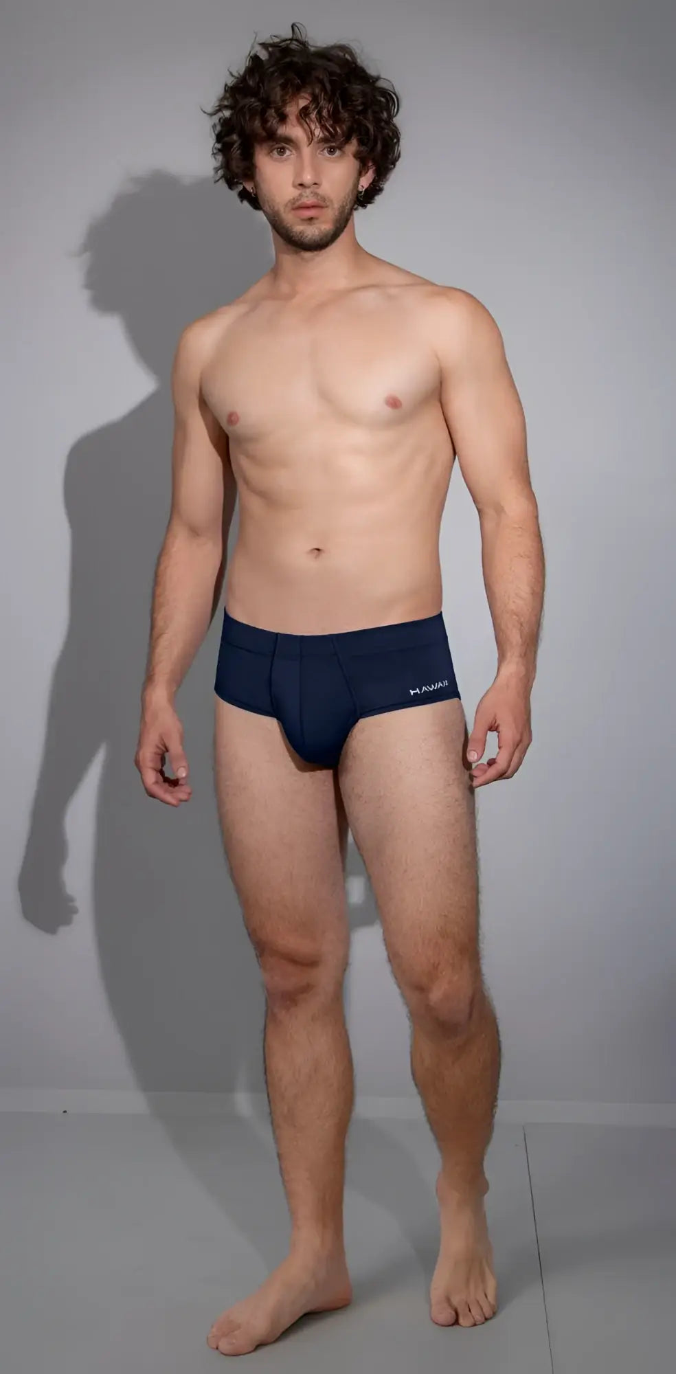 Navy blue hawaai 42241 microfiber men’s briefs with a subtle logo on the waistband front view