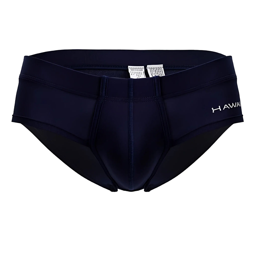 Navy blue microfiber briefs with a subtle white hawaii logo on the side for swimwear use