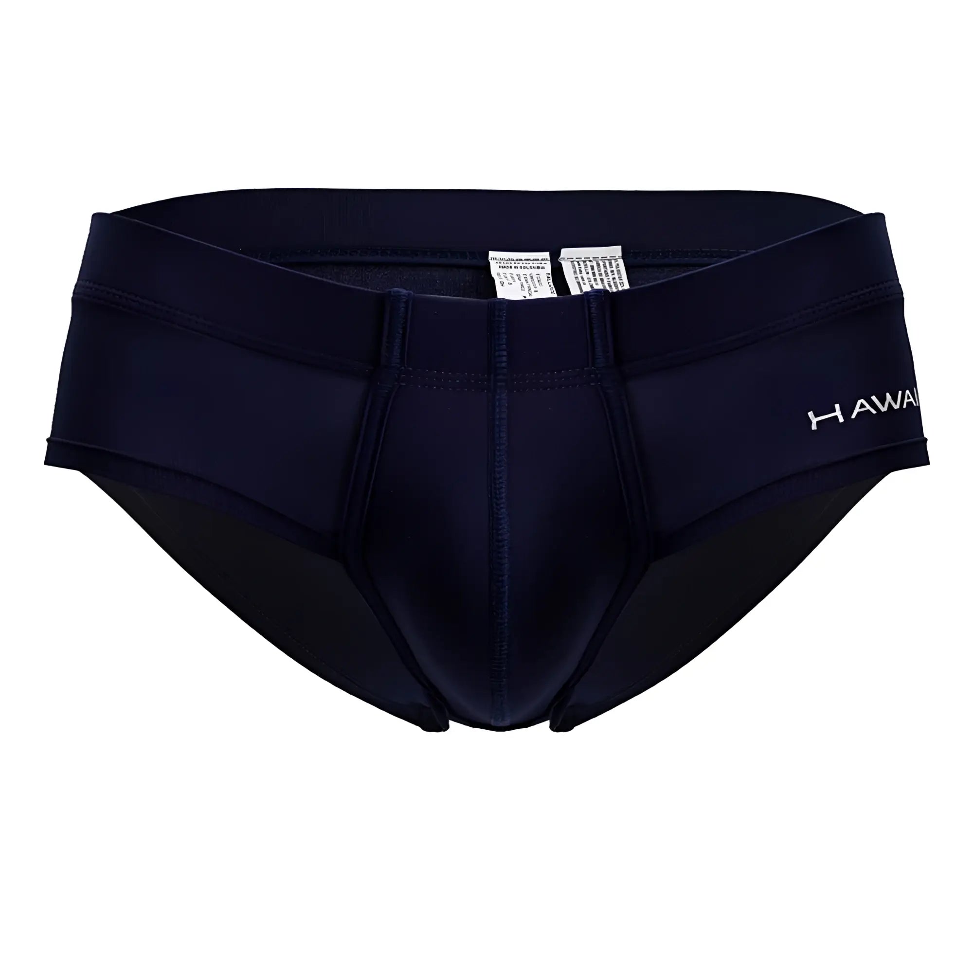 Navy blue microfiber briefs with a subtle white hawaii logo on the side for swimwear use