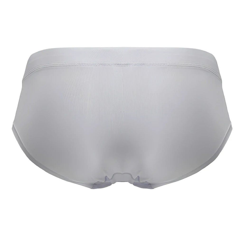 A sleek white microfiber brief with smooth fabric finish and subtle stitching along the waistband