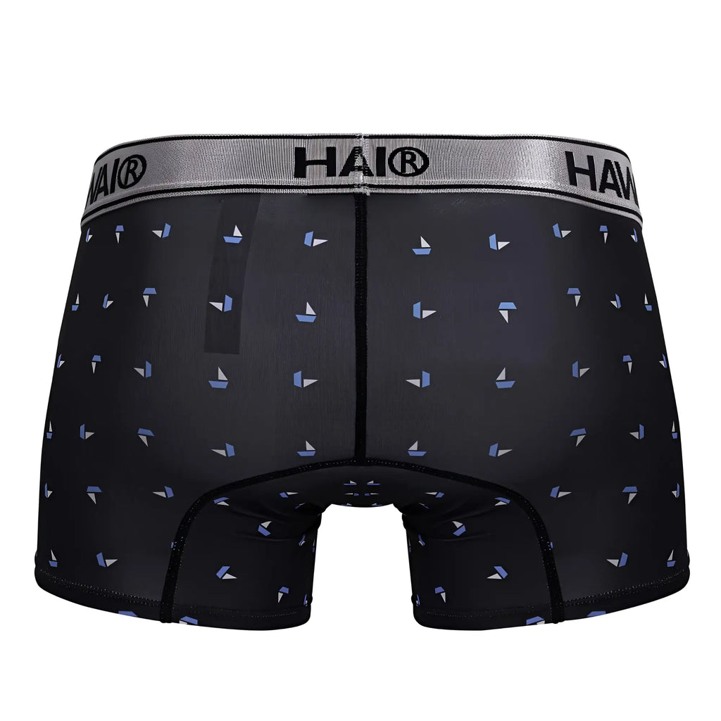 Black hai microfiber boxer briefs in black with light blue and white sailboat print for comfortable everyday wear