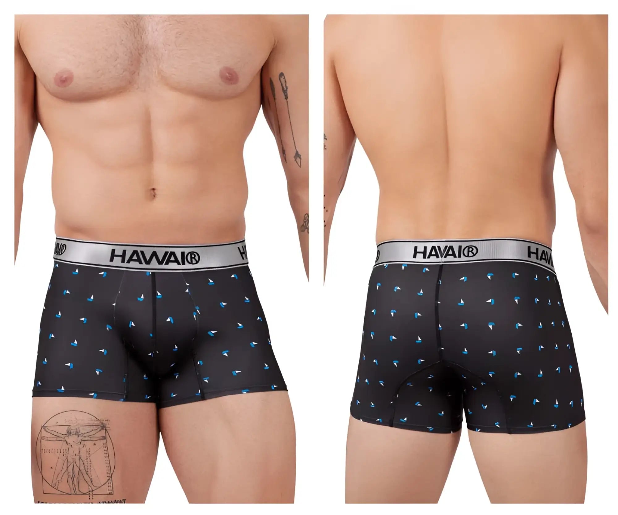 Black havai 42470 printed microfiber boxer briefs with subtle blue bird pattern and silver waistband