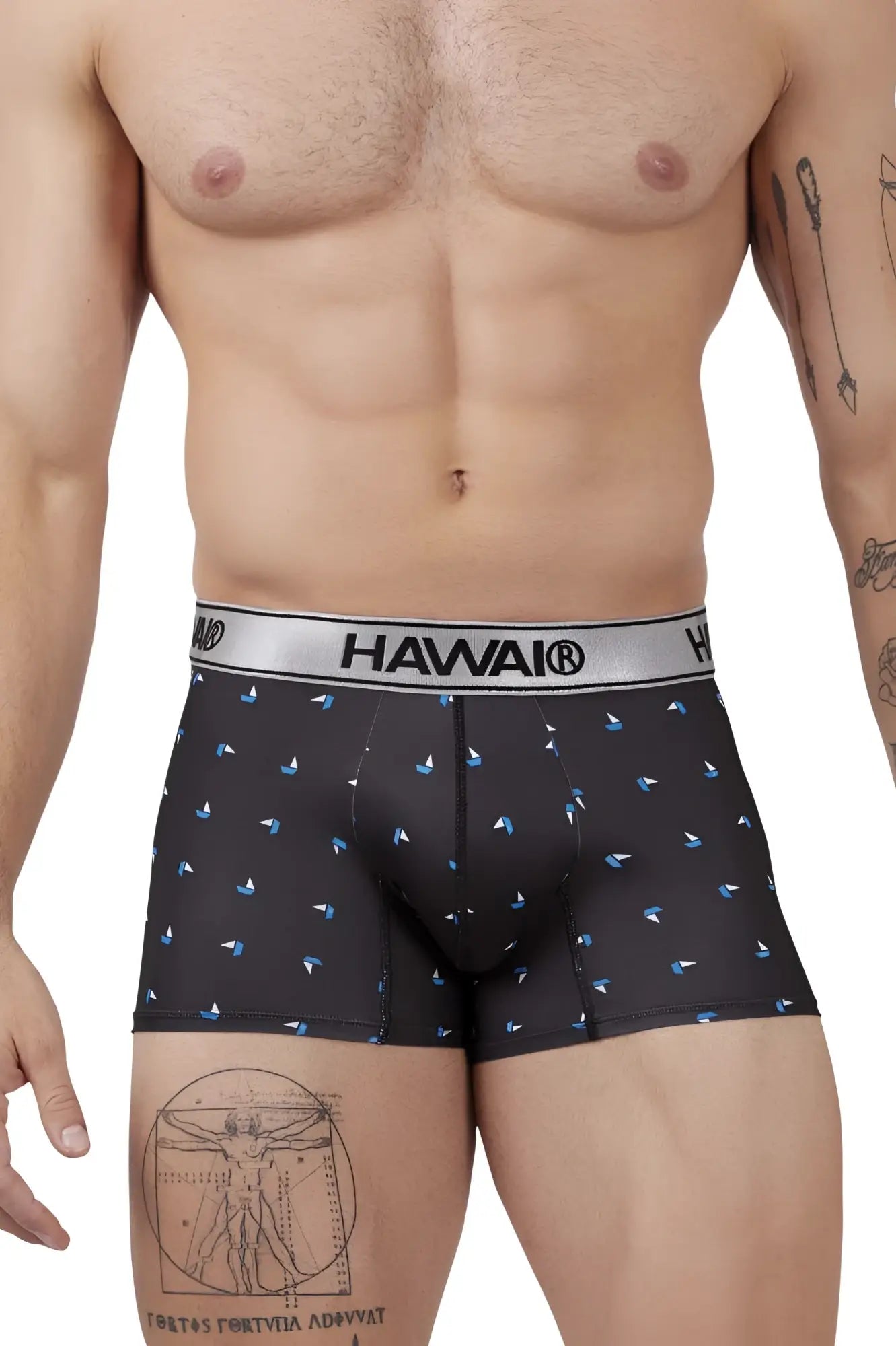 Black hawai 42470 printed microfiber boxer briefs in black with subtle blue sailboat pattern and silver waistband