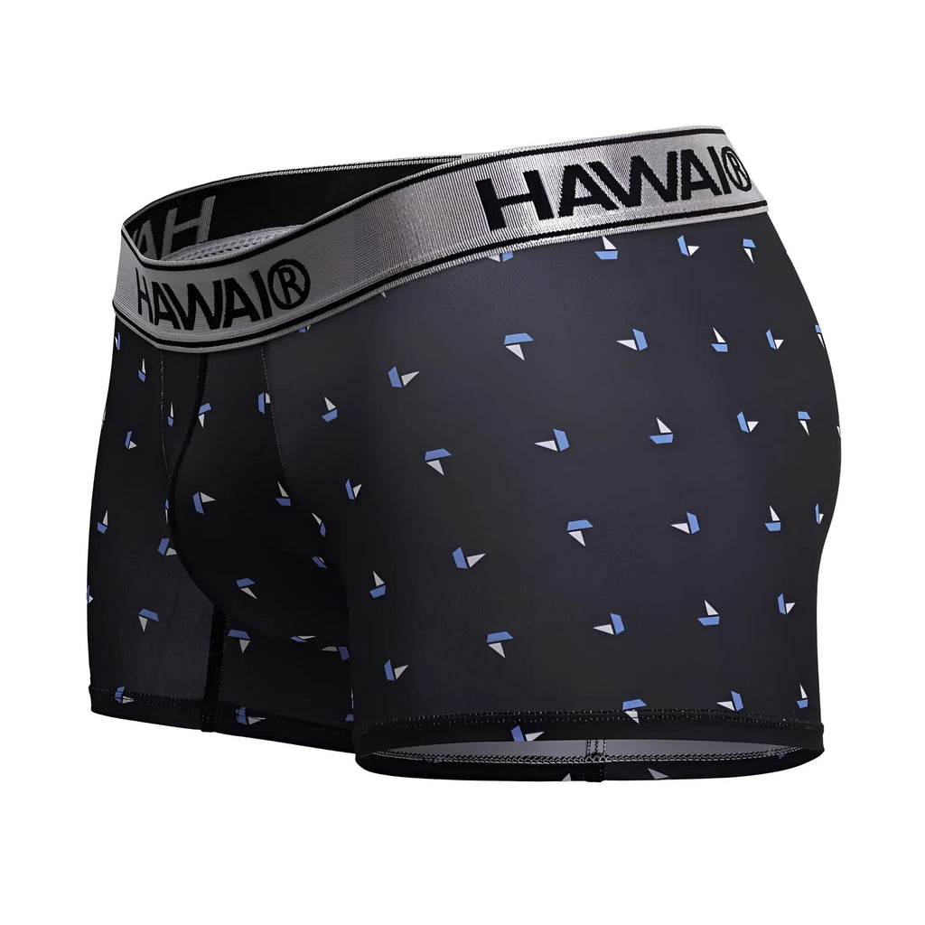 Black hawai 42470 printed microfiber trunks featuring a subtle light blue and white sailboat pattern on black fabric