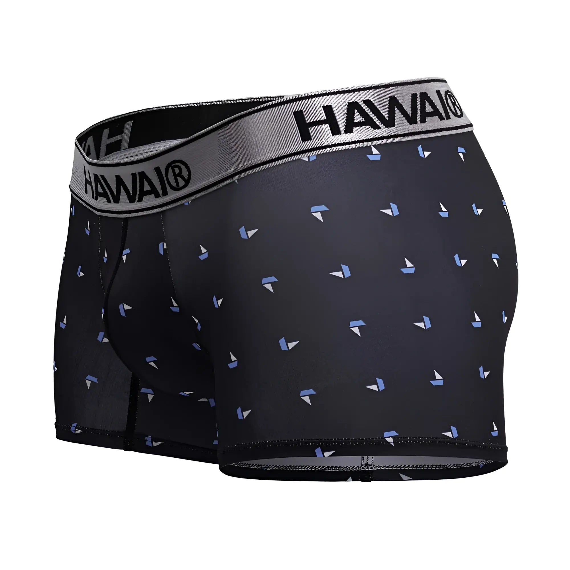 Black hawai 42470 printed microfiber trunks featuring a subtle light blue and white sailboat pattern on black fabric