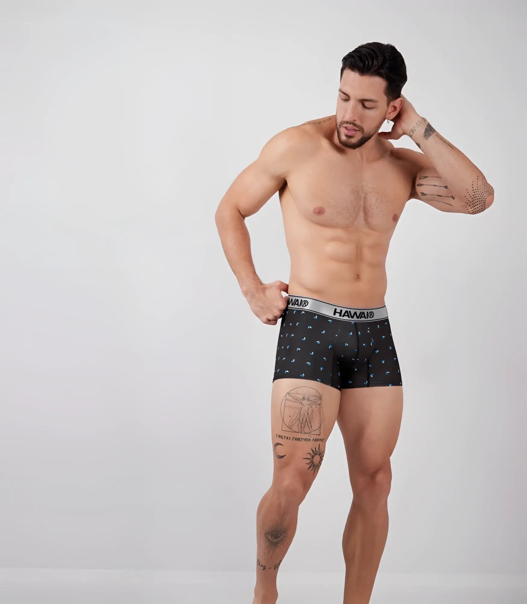Black Hawaii 42470 printed microfiber boxer briefs in black with blue geometric pattern and gray waistband with brand name