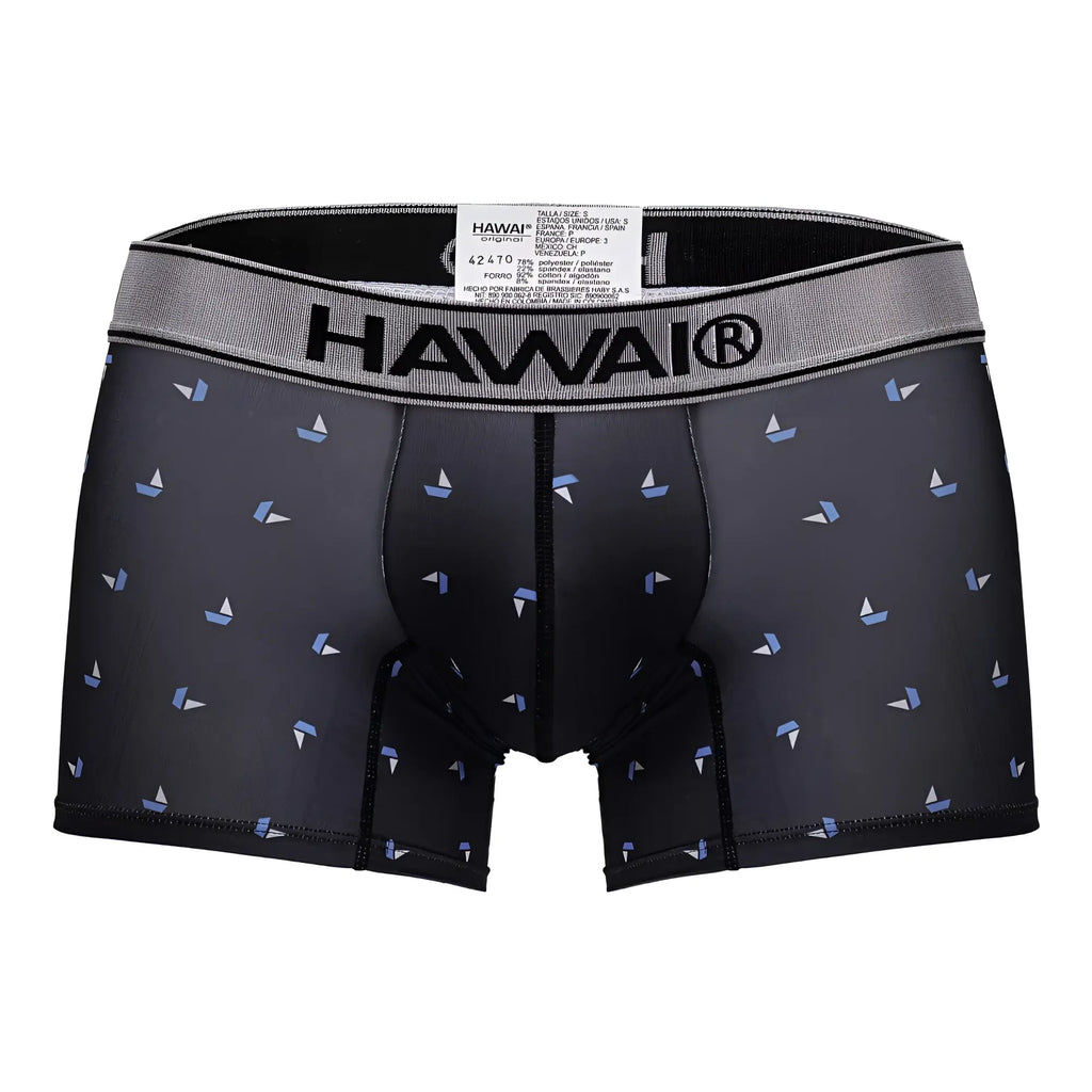 Black hawaii men’s microfiber boxer briefs in black with a subtle pattern of light blue and white sailboats