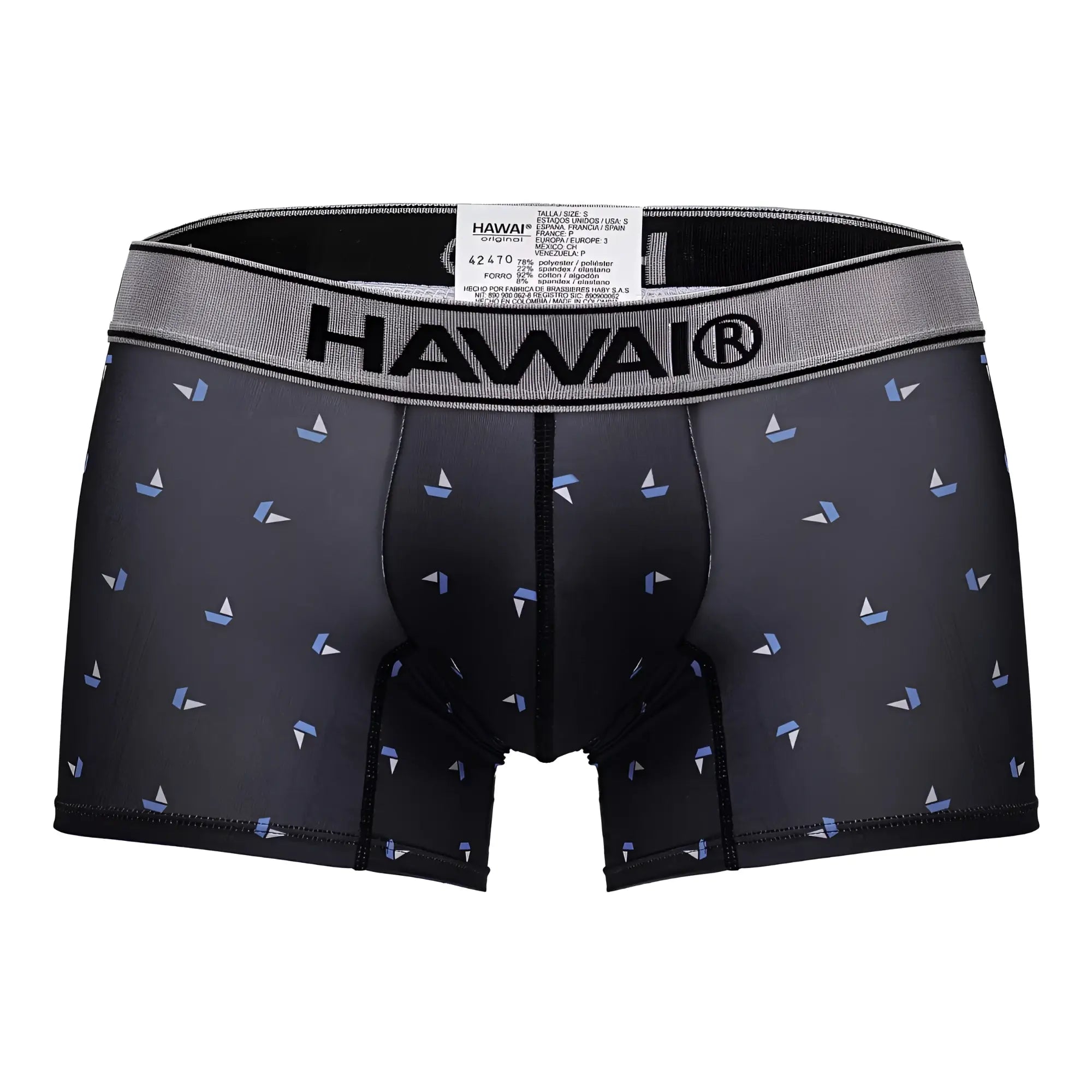 Black hawaii men’s microfiber boxer briefs in black with a subtle pattern of light blue and white sailboats