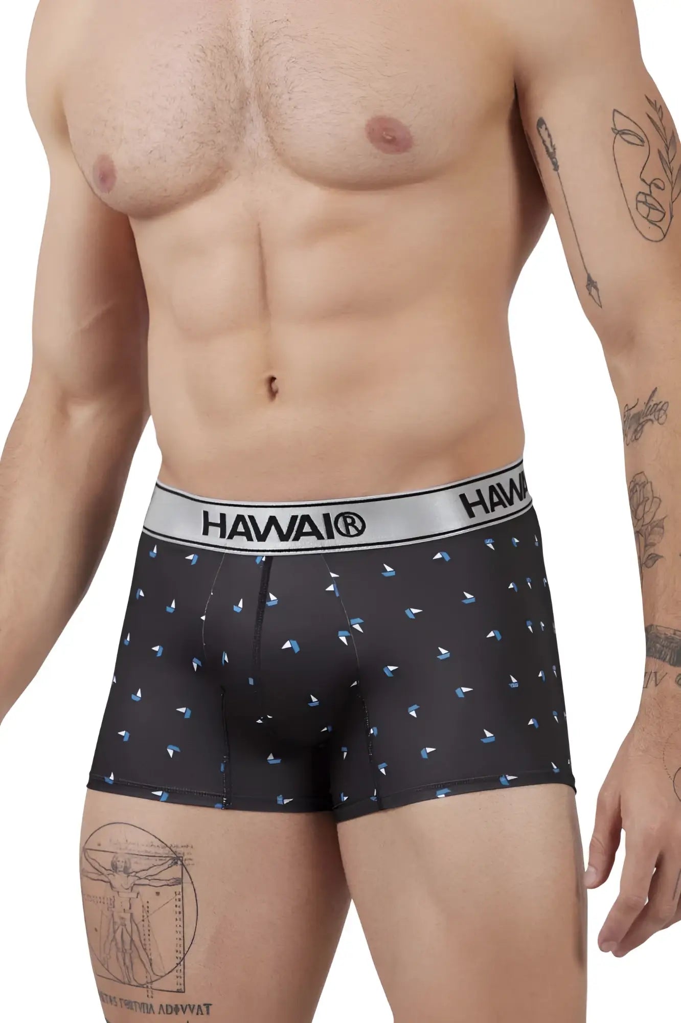 Black hawaiian boxer briefs with light blue sailboat pattern and silver hawaii waistband made from microfiber material