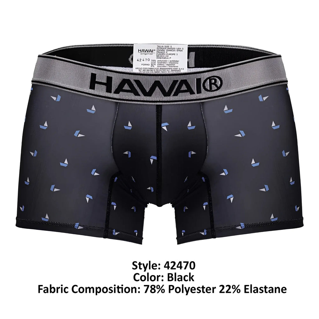 Black hawaiian printed microfiber trunks in black with a subtle light blue sailboat pattern on the fabric