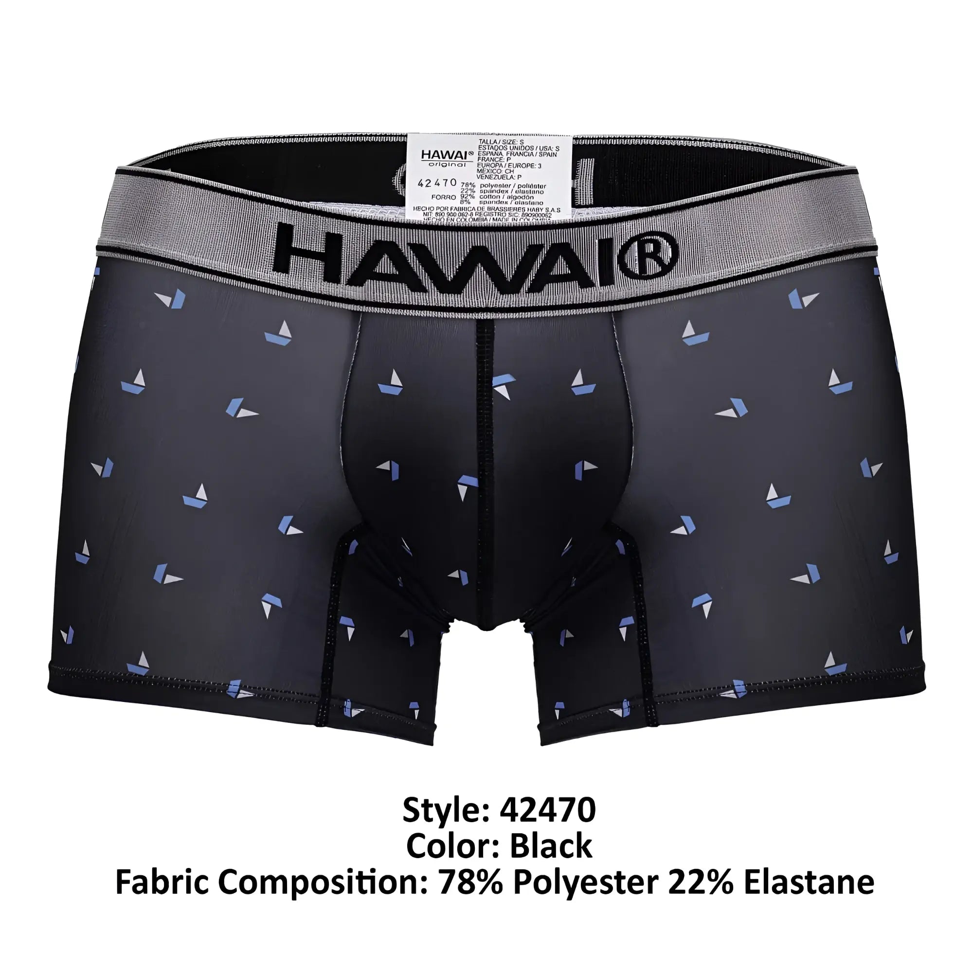 Black hawaiian printed microfiber trunks in black with a subtle light blue sailboat pattern on the fabric